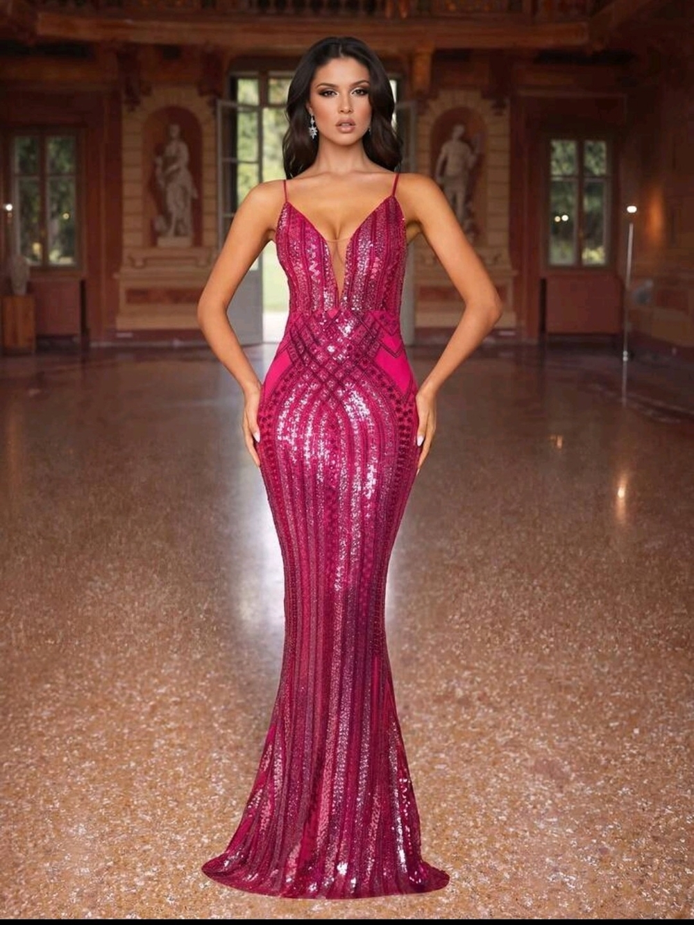 Fuchsia Sequin Mermaid Gown with Plunging V-Neck